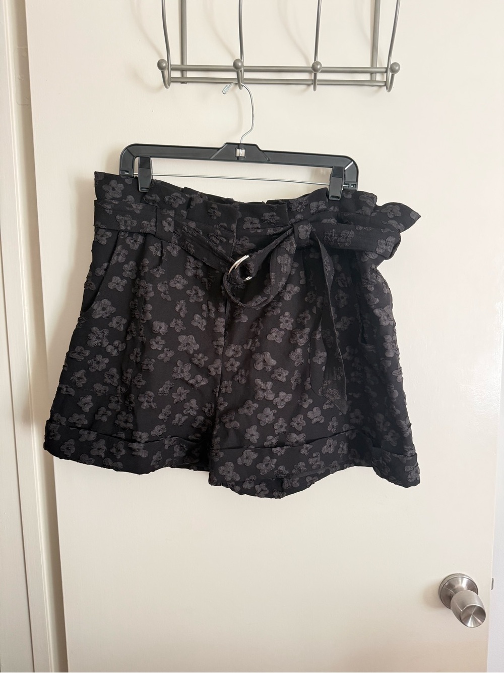 Gracia Black Floral Jacquard High-Waist Paperbag Shorts with Belt